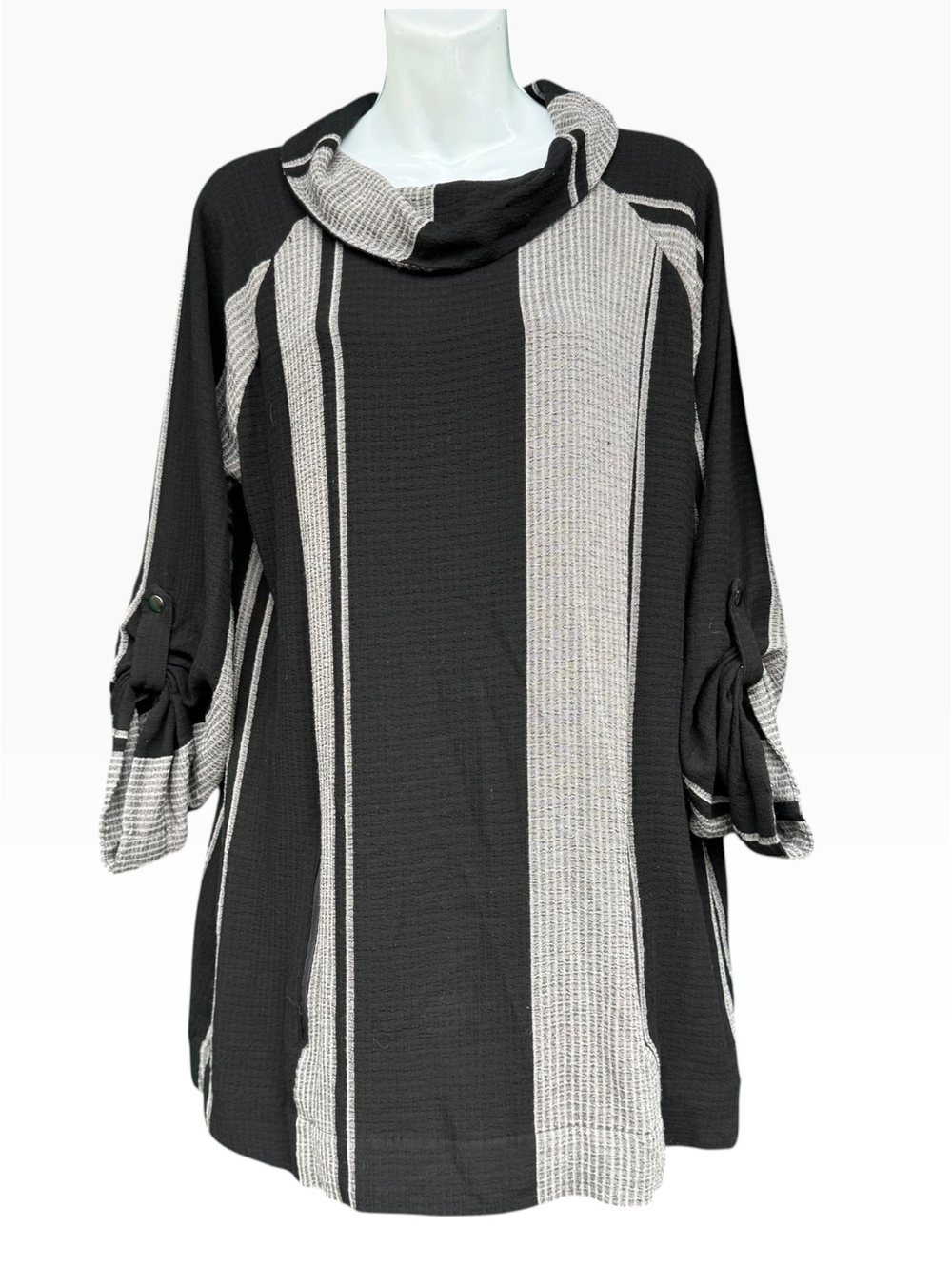 Soft Surroundings Striped Cowl Neck Tunic Top Roll Tab Sleeve Grey Black M